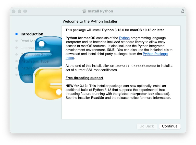 macOS-ում Python-ի տեղադրման առաջին պատուհանը